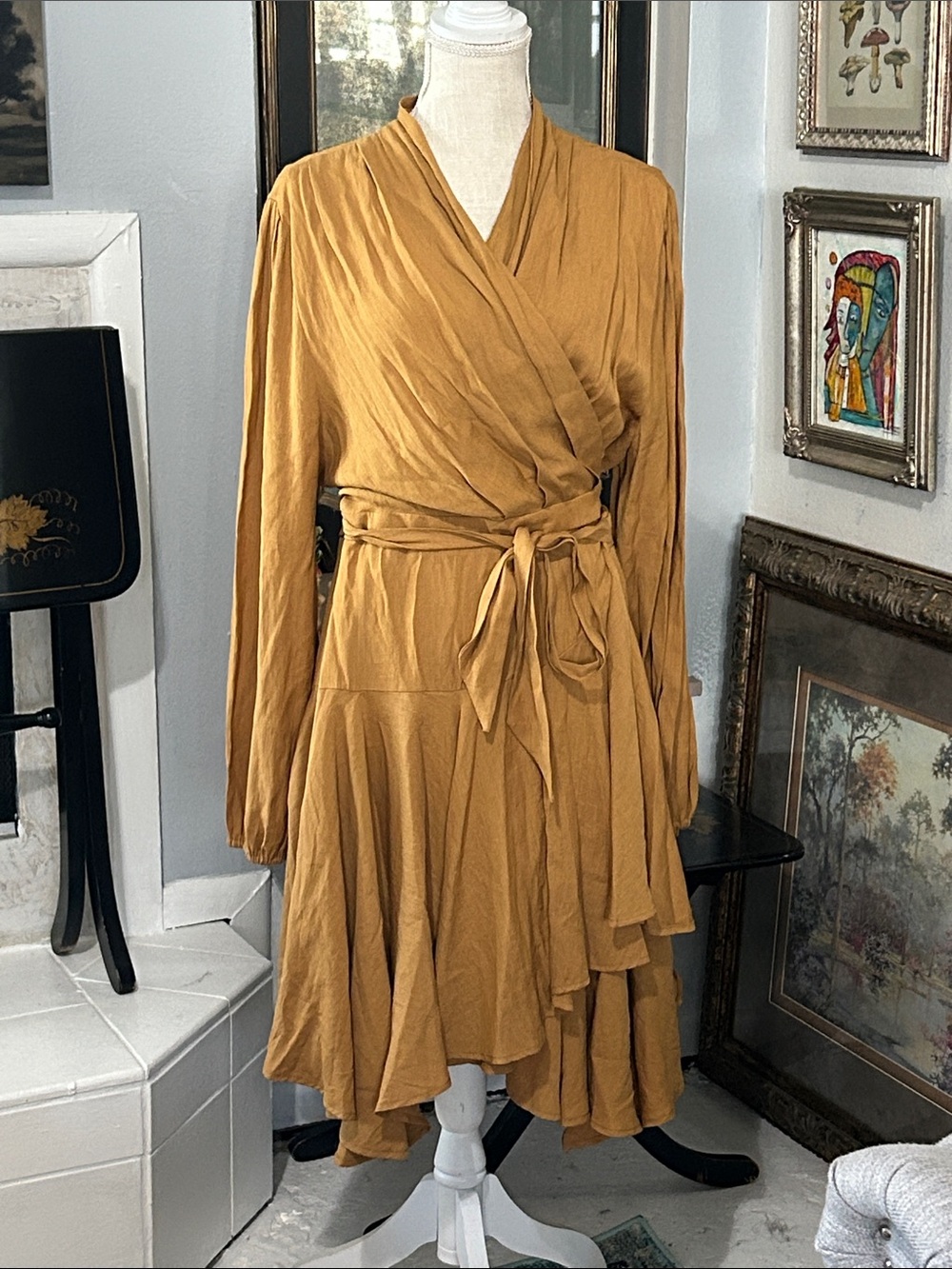 Womens Mustard Wrap Dress with Tie Waist